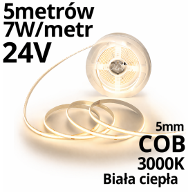 Cienka Taśma LED COB 24V 7W/M Biała Ciepła 3000K 5mm 5metrów