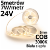 Taśma Led Cob 24V 7W Biała Ciepła 5Mm 5Metrów