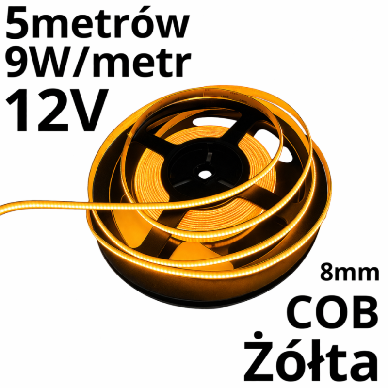 Taśma LED ŻÓŁTA 12V COB 480 9W/m IP20 rolka 5m