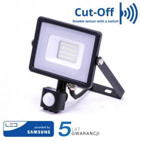 Naświetlacz LED V-TAC 20W SAMSUNG CHIP Czujnik Ruchu Funkcja Cut-OFF Czarny VT-20-S 6400K 1600lm 5 Lat Gwarancji