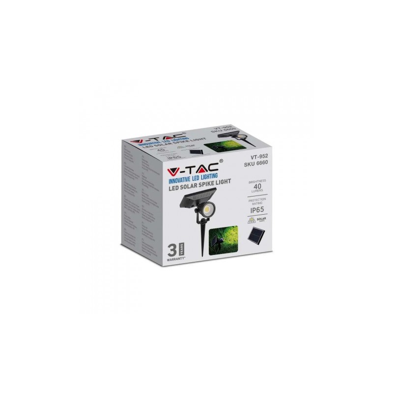 Oprawa Ogrodowa LED V-TAC Solarna Wbijana 2W IP65 VT-952 3000K 40lm 3 Lata Gwarancji