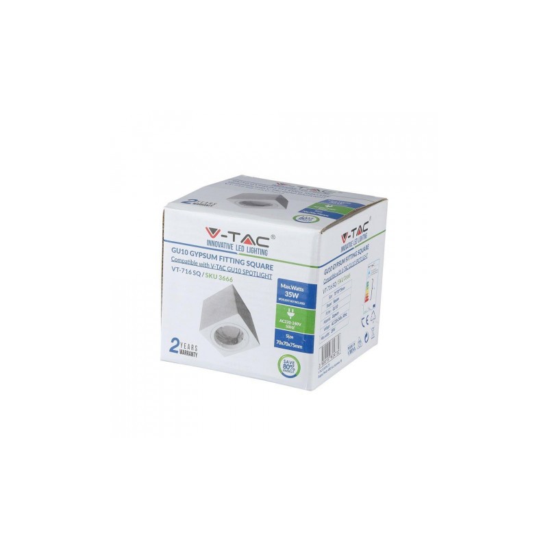 Oprawa V-TAC GIPS GU10 Natynkowa Kwadrat Aluminium Ring Biała 75x75x75mm VT-716