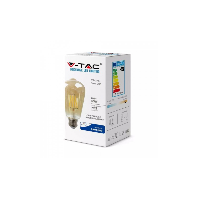 Żarówka LED V-TAC SAMSUNG CHIP 6W E27 Filament ST64 Bursztyn VT-276 2200K 725lm 3 Lata Gwarancji