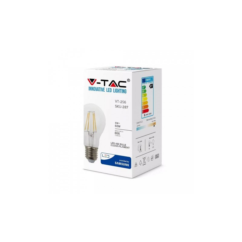 Żarówka LED V-TAC SAMSUNG CHIP 6W E27 Filament A60 VT-256 2700K 806lm 3 Lata Gwarancji