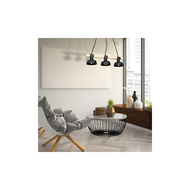 Lampa wisząca FARO CZARNA / NATURALNE DREWNO 3xE27 60W