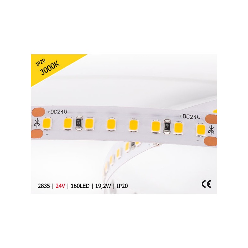 Taśma LED 2835 | 19,2W | 24V | IP20 | 160 LED | CIEPŁA/3000K | 131,85 lm/W ! 10mm