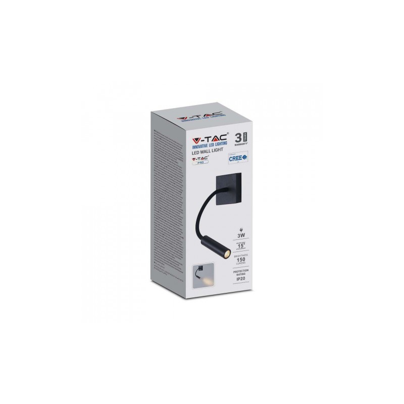 Oprawa LED V-TAC 3W Kinkiet Hotel Łóżko Czarny COB CREE VT-2903 3000K 150lm 3 Lata Gwarancji