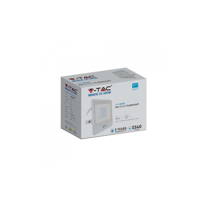 Projektor LED V-TAC 30W SAMSUNG CHIP Czujnik Ruchu Biały Przewód 1M VT-138S-1 6400K 2340lm 5 Lat Gwarancji