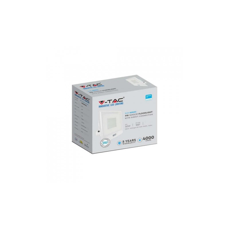 Projektor LED V-TAC 50W SAMSUNG CHIP Czujnik Ruchu Biały z Mufą VT-158S 3000K 4000lm 5 Lat Gwarancji