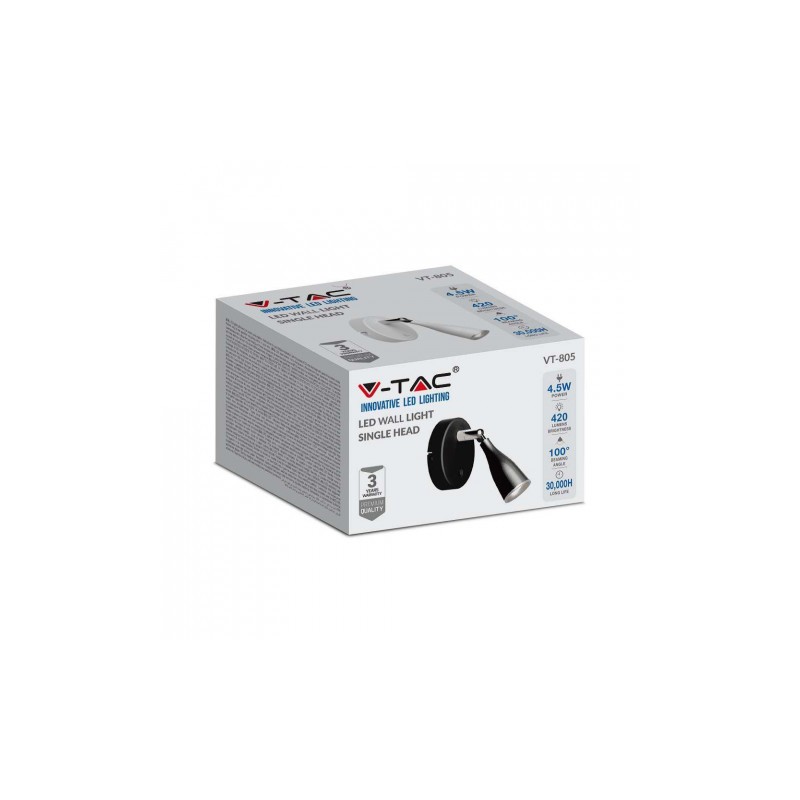 Kinkiet V-TAC 4,5W LED Czarny z włącznikiem VT-805 4000K 420lm 3 Lata Gwarancji