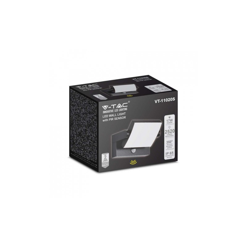 Projektor Oprawa Elewacyjna V-TAC 17W LED Czujnik Ruchu Czarna IP65 VT-11020S 4000K 2520lm