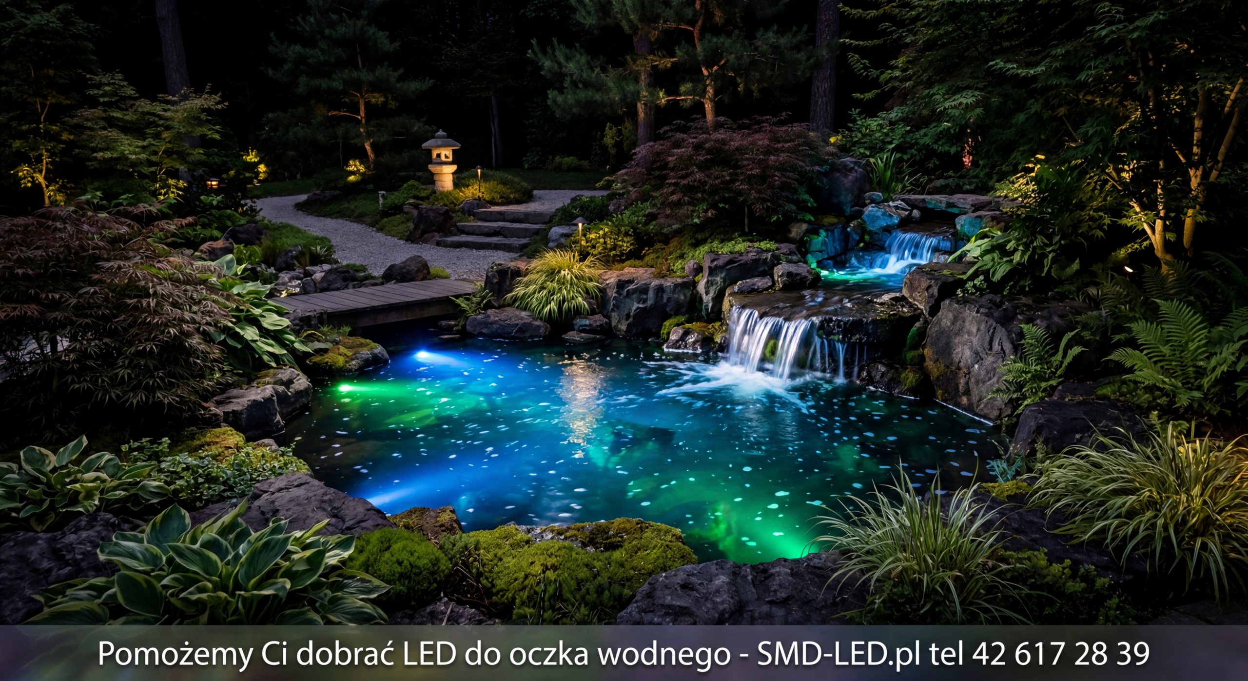 Ogród nocą z podświetlonym oczkiem wodnym i wodospadem RGB LED - SMD-LED