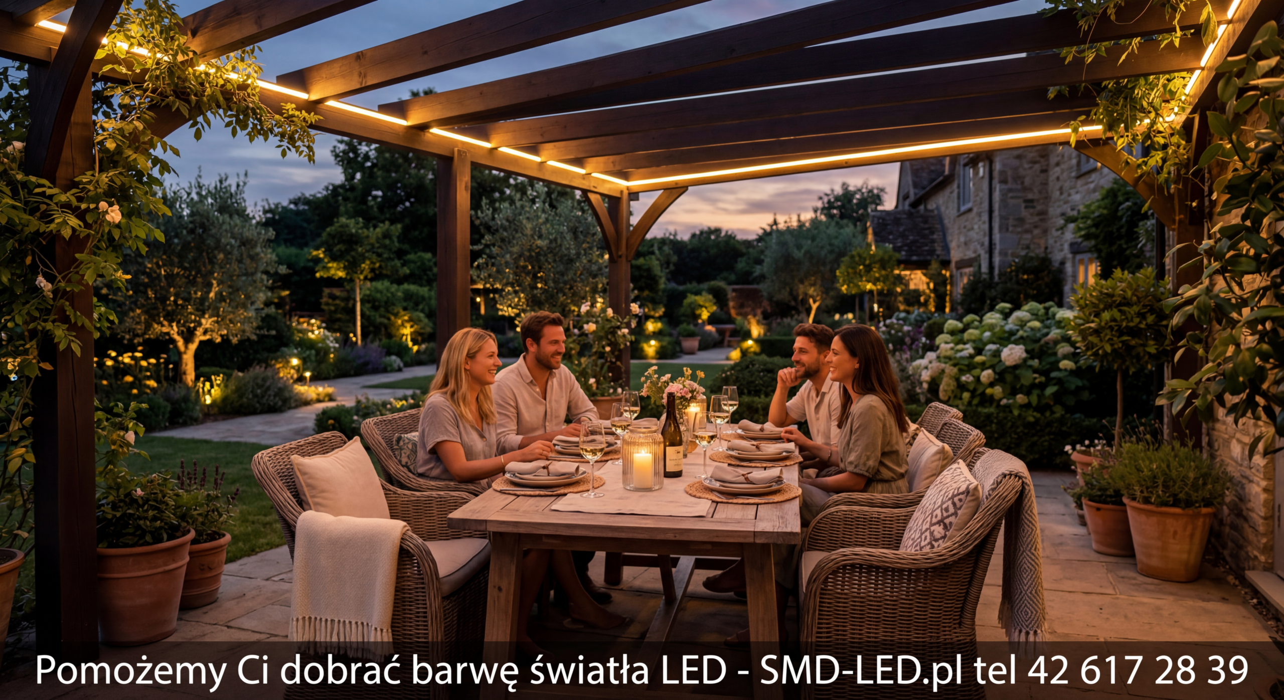 Taras wieczorem z ciepłym oświetleniem LED 2700K pod pergolą - SMD-LED