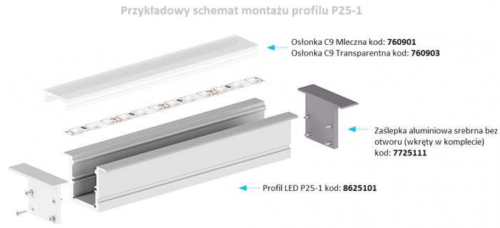 Profil LED aluminiowy wpuszczany P25-1 srebrny 1 metr