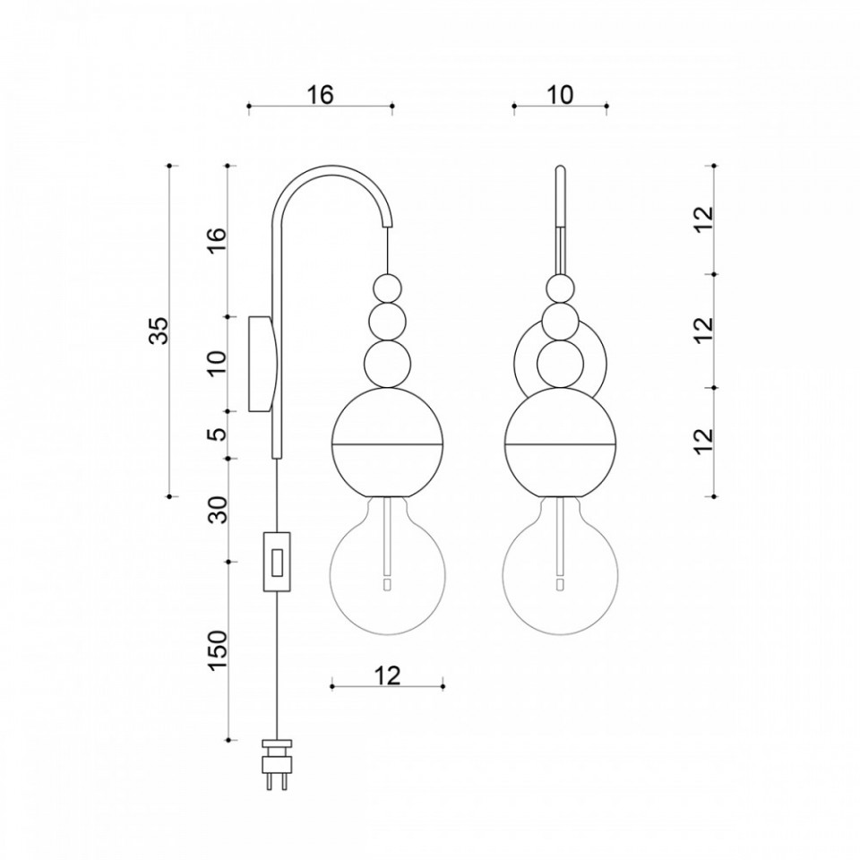 LAMPA ŚCIENNA LOFT BALA CZARNY POŁYSK KINKIET Z CZARNĄ WTYCZKĄ I WŁĄCZNIKIEM KOLOROWE KABLE wymiary