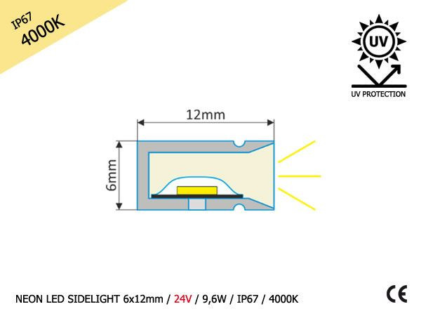 NEON LED SIDELIGHT 6x12mm | 24V | 2835 | 9,6W | 120 LED | IP67 | 4000K (+/-200K) | 5m
