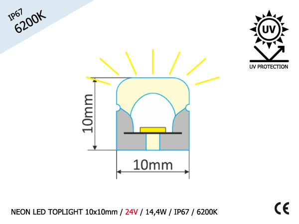  NEON LED TOPLIGHT 10x10mm | 24V | 2835 | 14,4W | 120 LED | IP67 | 6200K (+/-250K) | 5m