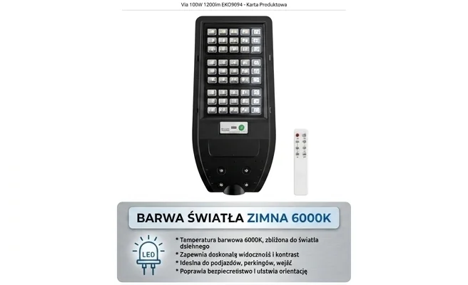 Latarnia solarna Via 100W 1200lm 6000K EKO9094 – cecha: barwa światła 6000K, zdjęcie produktowe z przodu