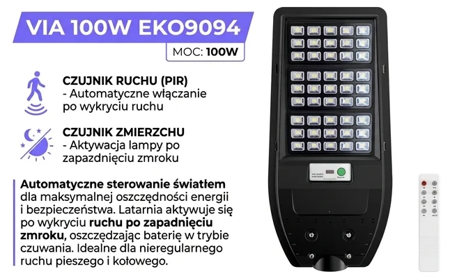 Latarnia solarna Via 100W 1200lm 6000K EKO9094 – cecha: czujnik ruchu i zmierzchu, zdjęcie produktowe z przodu
