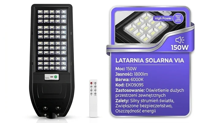 Latarnia solarna Via 150W 1800lm 6000K EKO9095, widok z góry, podkreślona moc 150W, pilot, białe tło