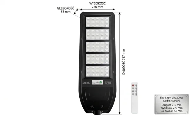 Latarnia solarna Eko-Light VIA 200W EKO9096 na białym tle, widoczny pilot, proporcje 717x270x53 mm, zdjęcie katalogowe