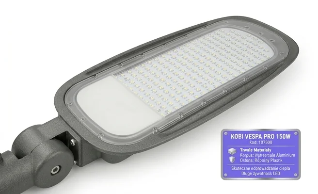 Oprawa uliczna LED VESPA PRO 150W KOBI kod 107500 – aluminiowa obudowa i plastikowa osłona, detal materiałów