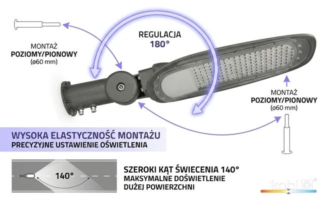 Oprawa uliczna LED VESPA PRO 150W KOBI kod 107500 – regulacja 180° i szeroki kąt świecenia, detal uchwytu montażowego