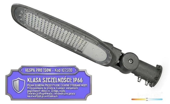 Oprawa uliczna LED VESPA PRO 150W KOBI kod 107500 – odporność na warunki atmosferyczne IP66, detal z kroplami wody