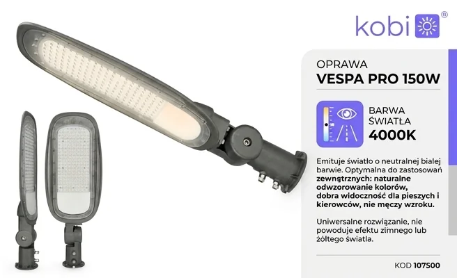 Oprawa uliczna LED VESPA PRO 150W KOBI kod 107500 – neutralna barwa światła 4000K, detal panelu LED