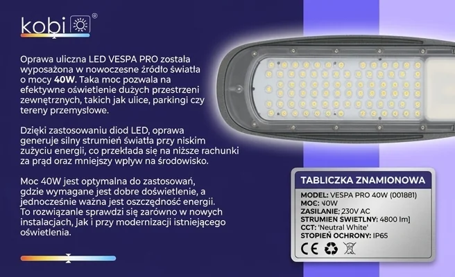 Zbliżenie na panel LED oprawy ulicznej VESPA PRO 40W KOBI kod produktu 001881, prezentacja źródła światła o mocy 40W