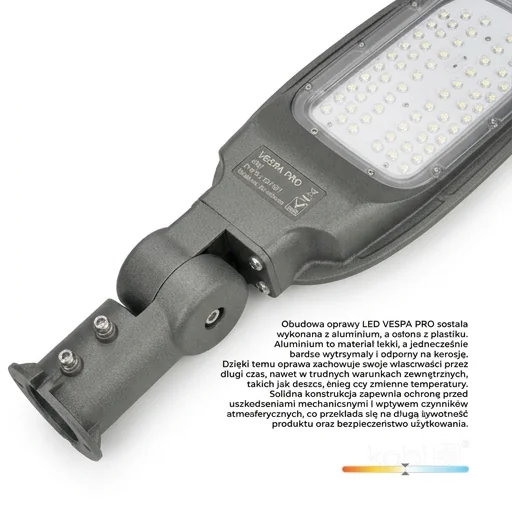 Aluminiowa obudowa oprawy ulicznej LED VESPA PRO 40W KOBI kod produktu 001881, trwałość i odporność na warunki atmosferyczne