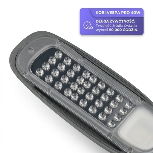 Panel LED oprawy ulicznej VESPA PRO 40W KOBI kod produktu 001881, trwałość źródła światła 50 000 godzin