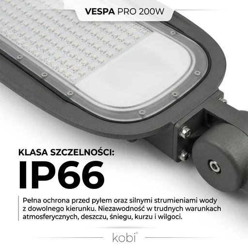 Oprawa uliczna LED VESPA PRO 200W KFVP200NBAS KOBI – zdjęcie produktowe, zbliżenie na korpus i panel LED, podkreślenie klasy szczelności IP66