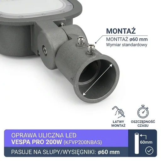 Oprawa uliczna LED VESPA PRO 200W KFVP200NBAS KOBI – zdjęcie produktowe, uchwyt montażowy na słup 60 mm