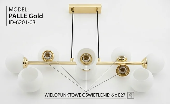 Oprawa wisząca 6xE27 PALLE Gold ID-6201-03 z sześcioma gniazdami E27, złoty stelaż, białe klosze, całość na białym tle