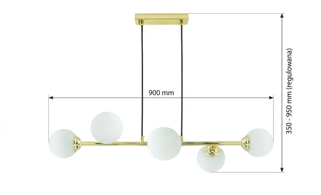 Oprawa wisząca 6xE27 PALLE Gold ID-6201-03 Idea LED, całość widoczna centralnie na białym tle, długość 900 mm, wysokość regulowana 350-950 mm, złoty stelaż, sześć białych kulistych kloszy