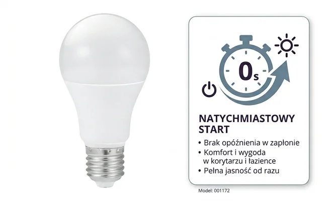 Żarówka LED E27 GS 10W barwa NEUTRALNA KAGSE2710WNB – zdjęcie prezentujące natychmiastowy start na białym tle