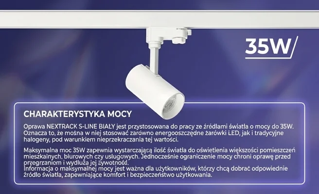 Oprawa sufitowa NEXTRACK S-LINE BIAŁY KOBI kod 112495 z oznaczeniem 35W, widok z boku na białym tle.