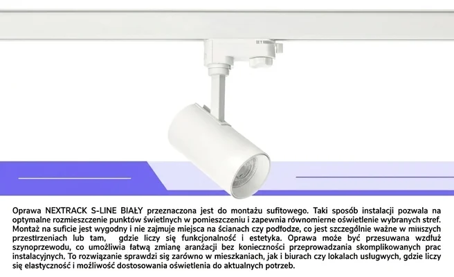 Oprawa sufitowa NEXTRACK S-LINE BIAŁY KOBI kod 112495 zamontowana na suficie, widok z boku na białym tle.