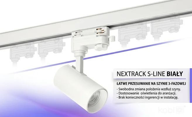Oprawa sufitowa NEXTRACK S-LINE BIAŁY KOBI kod 112495 na szynoprzewodzie, widok z boku na białym tle.