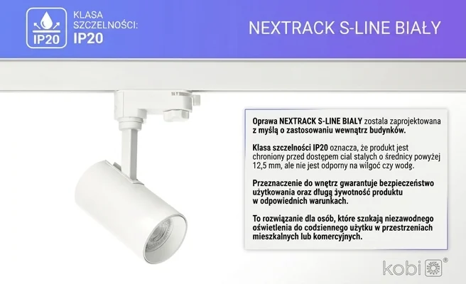 Oprawa sufitowa NEXTRACK S-LINE BIAŁY KOBI kod 112495 z oznaczeniem IP20, widok z boku na białym tle.