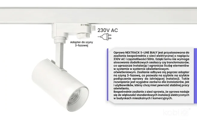 Oprawa sufitowa NEXTRACK S-LINE BIAŁY KOBI kod 112495 z oznaczeniem 230V, widok z boku na białym tle.