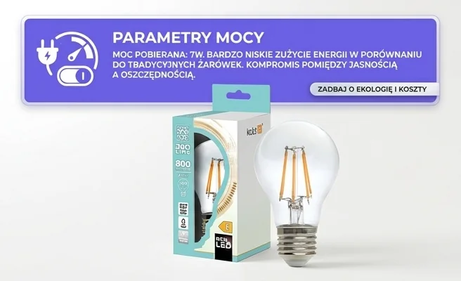 Żarówka LED E27 FGS 7W barwa NEUTRALNA 360 Line KAFGSE277WNB z widocznym napisem 7 WATT, widok produktowy