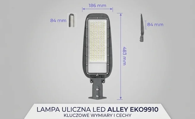 Lampa uliczna LED Alley EKO9910, cała widoczna na białym tle, z zaznaczonymi wymiarami 483x186x84 mm, realistyczna fotografia produktowa