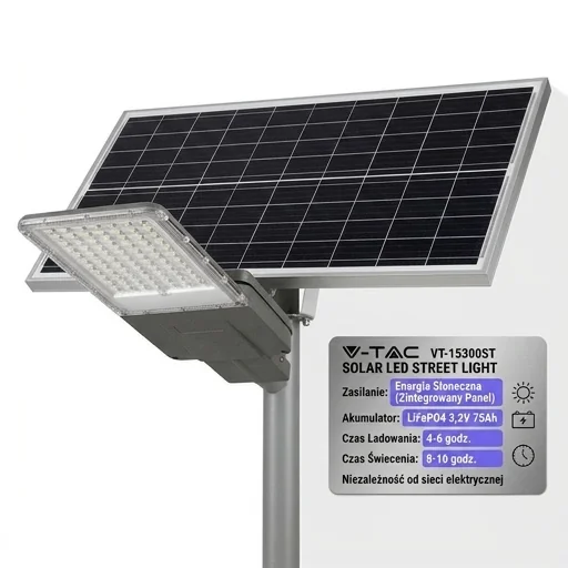 Oprawa uliczna LED solarna V-TAC VT-15300ST z panelem słonecznym i akumulatorem LiFePO4, widok z boku, kod produktu VT-15300ST