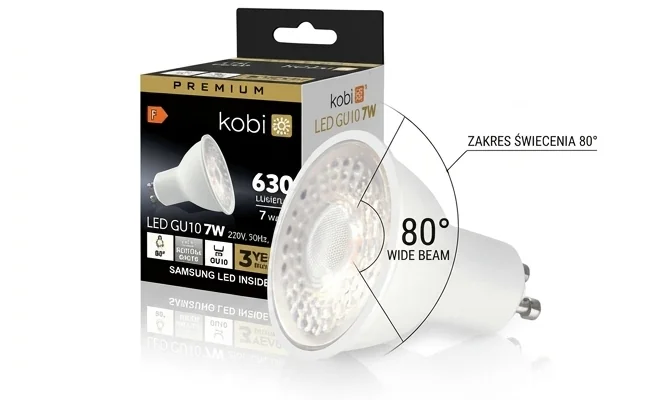 Żarówka LED GU10 7W PREMIUM barwa NEUTRALNA SAMSUNG kod produktu 001229 z graficznym oznaczeniem kąta świecenia 80 stopni