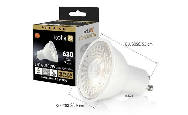 Żarówka LED GU10 7W PREMIUM barwa NEUTRALNA SAMSUNG kod produktu 001229 na białym tle z opakowaniem, widoczne wymiary długość 10 cm, szerokość 5 cm, wysokość 5 cm