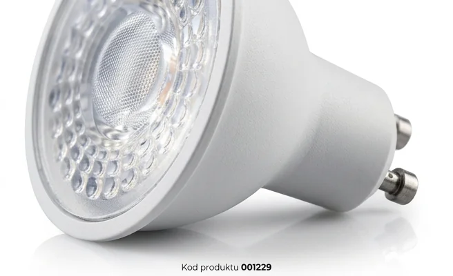 Żarówka LED GU10 7W PREMIUM barwa NEUTRALNA SAMSUNG kod produktu 001229 z detalem obudowy z aluminium i tworzywa sztucznego