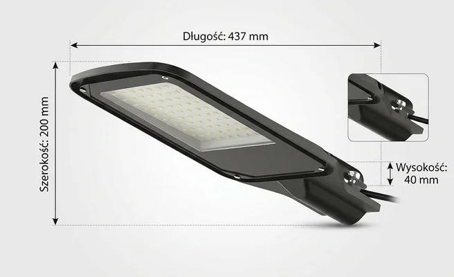 Oprawa uliczna LED V-TAC 100W 110st IP65 VT-15110ST, czarna, matowa, z widocznym panelem LED i wymiarami 437x200x40 mm, zdjęcie katalogowe na białym tle