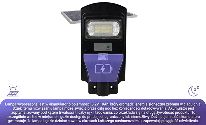 Lampa solarna LED Eco Light EC20095 z graficznym zaznaczeniem miejsca akumulatora, zdjęcie produktowe
